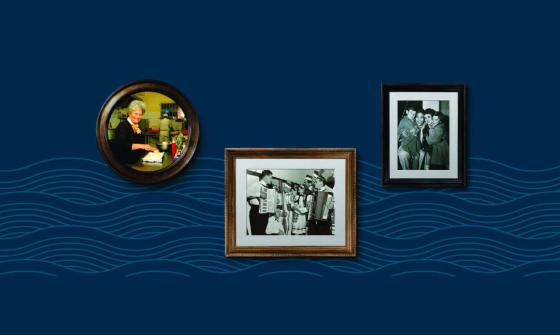 Three framed photographs on a blue wall with a subtle wave pattern.