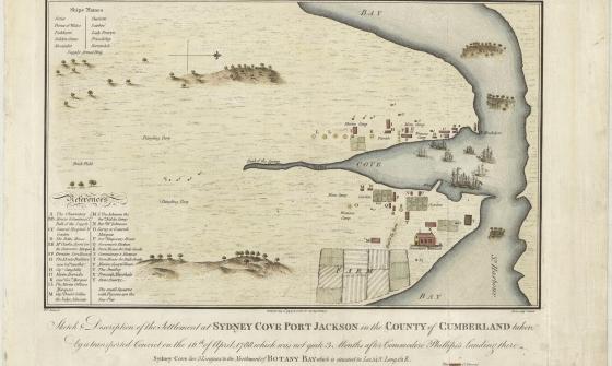 A detailed historical map of Sydney Cove, Port Jackson, depicting early settlement areas, marked camps, and referenced landmarks such as gardens and marine camps. Includes a list of ship names from the First Fleet and geographical details.